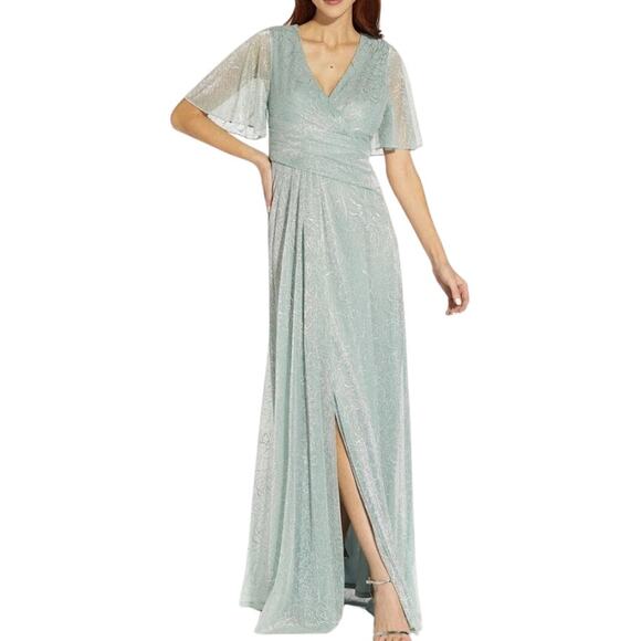 Adrianna Papell Metallic Mesh Draped Gown 24W Sea Glass - Picture 1 of 8